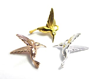 15 mm 3D Solid Sterling Silver Hummingbird Pendant, 925 Sterling Silver Humming Bird Charm - Various Colours - 1 or 10 Pc.