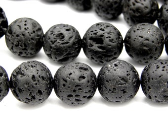 14 mm Large Round Natural Lava Stone Beads - Black
