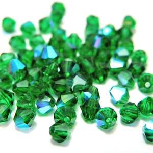 4 mm Czech Superior Crystals MC Faceted Bicone Beads - Medium Emerald Green AB