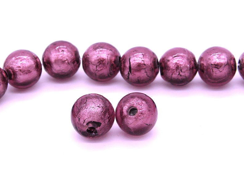 Amethyst 10 mm Hand-made Round Silver Foil Glass Beads Lampwork Glass Beads 10 pc.