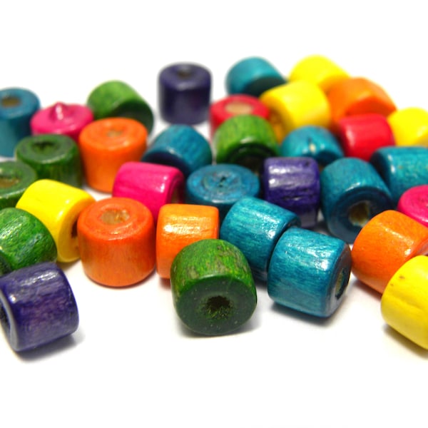 7 mm x 6 mm Wooden Cylinder Beads, Wooden Barrel Beads - Mixed Colours - 100 pc.