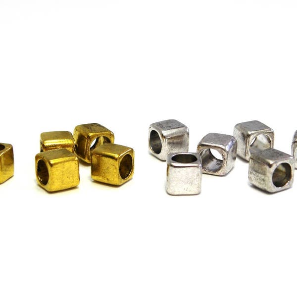 Perles cubiques en métal de style européen de 6 mm avec grand trou – Or ou argent (20 pièces)