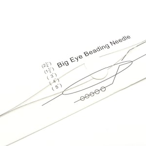 May include: A close-up of a big eye beading needle with a large eye for threading. The needle is labeled with sizes 2, 1 1/2, 3, 4, and 5.
