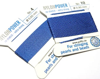 Griffin NylonPower Bead String - Cordon de nouage de perles avec aiguille - BLEU (2 m/6,6 pieds)