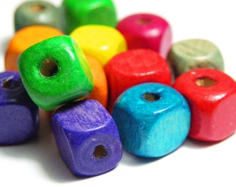 10 x 10 mm Wooden Cube Beads, Large Wooden Cubes - Mixed Colours or Black - 50 pc.