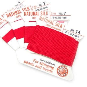 2 m (6.6 Ft/2.15 Yd) Griffin Natural Silk Bead Cord - Pearl Knotting Cord with Needle - RED (All Sizes)