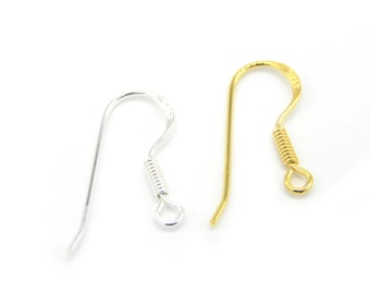 0.8 mm - 20 GA -  Real 925 Silver or 24K Gold-Plated Sterling Silver 925 Fish Hook Earring Wires (1 pair or 5 Pairs)