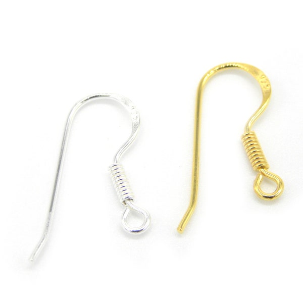 0.8 mm - 20 GA -  Real 925 Silver or 24K Gold-Plated Sterling Silver 925 Fish Hook Earring Wires (1 pair or 5 Pairs)