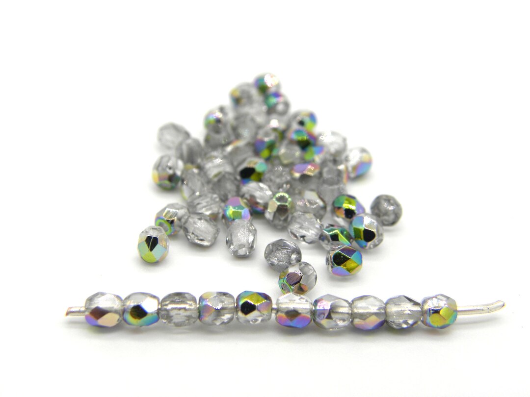 100 Perles Facettes Bohème Preciosa 4mm - Crystal Vitrail Silver, Fabrication Française