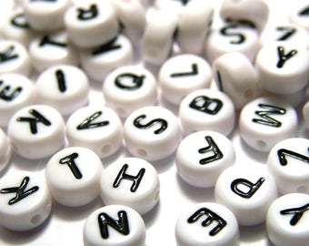 7 mm (0.28 inch) Round Acrylic White Alphabet Beads - Black Letters on White Beads (Various Choices)
