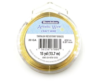 May include: A spool of 15 yards (13.7 meters) of 20 gauge tarnish resistant brass wire. The wire is gold in color and is packaged in a clear plastic container with a label that reads "Beadalon Artistic Wire Craft Wire".