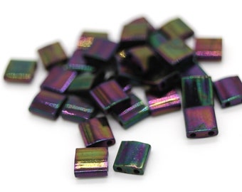 5 mm Miyuki Tila Beads, 2-hole Square Beads, Japanese Glass Beads - Dark Purple Opaque AB (TL 454) - 12 g (approx. 130 Beads)