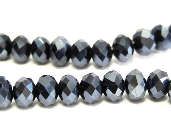 Faceted Glass Briolette Beads, Rondelle Beads 6mm - Metallic Gunmetal