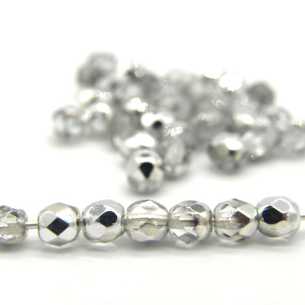 4 mm (0.16 Inch) Round Faceted Fire-polished Czech Glass Beads - Crystal Labrador Silver (90 Beads)