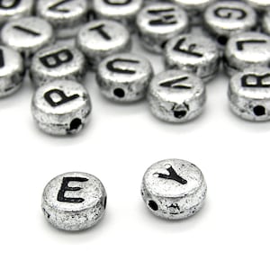 7 mm (0.28 inch) Round Acrylic Silver Alphabet Beads - Black Letters on Silver Beads (Various Choices)