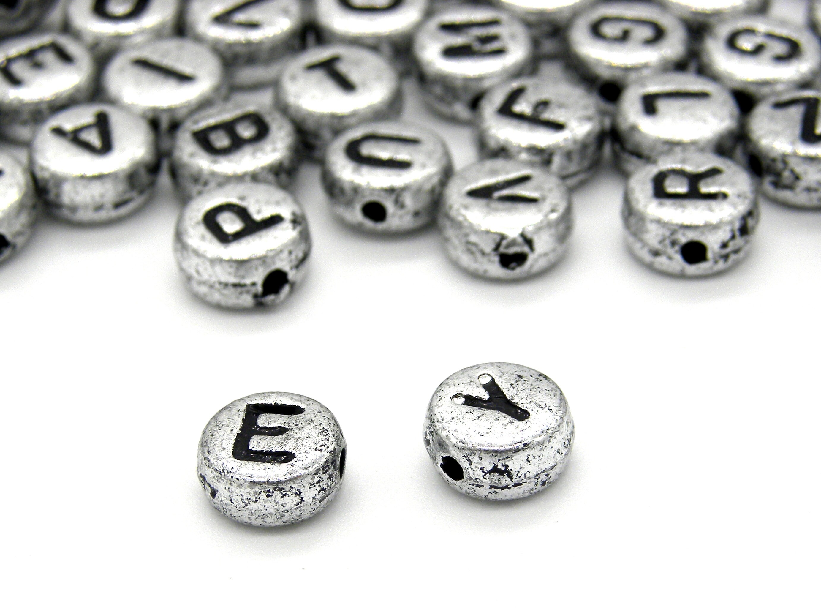 Silver Metallic 7mm Coin Alpha Beads - Black Letter Mix (250pcs)