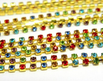 2.5 mm Rhinestone Brass Cup Chain - Gold/Multicolour - 1 m