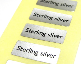 20 mm x 8 mm (0.8 x 0.3 Inch) « Sterling Silver » Stickers - Metallic Sticky Labels for Jewellery Packaging (25, 100 or 500 Labels)