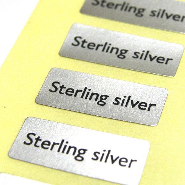 20 mm x 8 mm (0.8 x 0.3 Inch) « Sterling Silver » Stickers - Metallic Sticky Labels for Jewellery Packaging (25, 100 or 500 Labels)