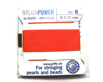 Griffin NylonPower Bead String - Pearl Knotting Cord with Needle - CORAL RED (2 m/6.6 Ft)