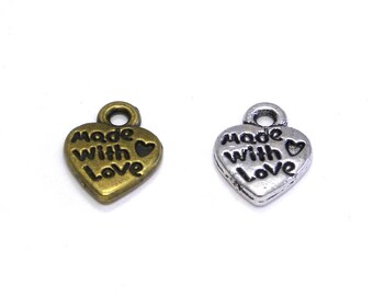 10 mm Vintage << Made with Love >> Heart Metal Alloy Charm, Small Metall Heart Pendant - Antique Gold or Antique Silver (pack of 2)