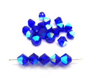 6 mm Czech MC Faceted Glass Bicone Beads - Cobalt Blue AB (24 Beads)