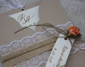 Invitation Pocket range. Romantic chic. burlap and salmon