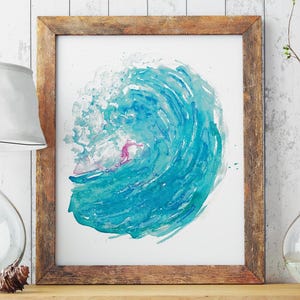 Surfing watercolor painting turquoise aqua green wave Fine Art print surf wall art teal decor ocean surf canvas man woman sport board