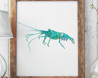 Rock lobster watercolor painting print art sea illustration art life nautical turquoise ocean wall poster decor modern nursery crab seaweed