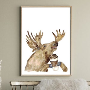 Moose Coffee watercolor painting print art, animal illustration cup mug life art, wall poster decor modern wild deer forest animal wildlife