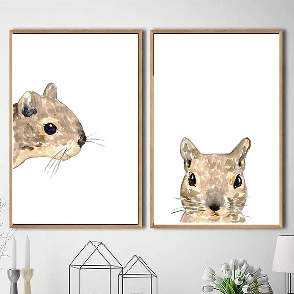 Set of 2 squirrel peeking Painting Wall Poster Watercolor Art decor Print Pet Drawing portrait gig funny room nursery baby gig