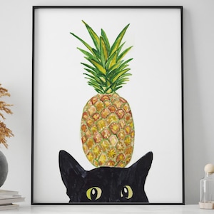 Ananas Katze Malerei Küche Wand Poster Aquarell Kunst Restaurant Dekor Druck benutzerdefinierte Haustier Zeichnung Kiefer Apfel Porträt Gig lustige Kinderzimmer