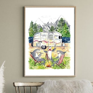 Shark camping watercolor painting print art animal illustration Sea life whale nautical ocean wall poster decor RV truck trailer camp funny