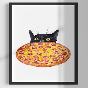 Pizza kat schilderij keuken muur poster aquarel kunst restaurant decor print aangepaste huisdier tekening pepperoni zwart portret optreden grappige kinderkamer