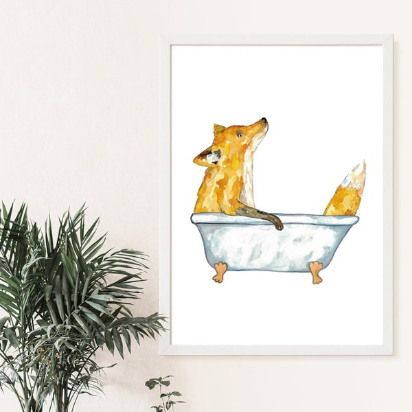 Fox taking bath watercolor painting print art bathroom room washroom wall poster decor  modern forest wildlife wild animal