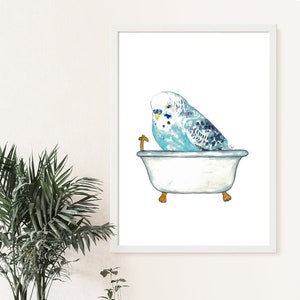 Perruche prenant bain Peinture Affiche murale Aquarelle Art Décor Imprimer Dessin salle de bain Perruche Perruche bleue oiseau salle deau pet perroquet image 1