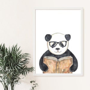 Panda reading book watercolor painting print art wall poster decor modern reader library stalk graduation gig bear smart student animal