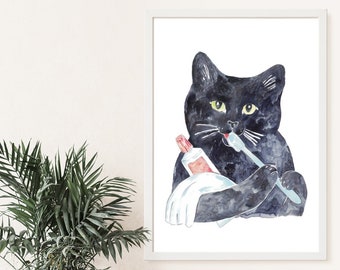 黒猫歯磨き歯絵画壁ポスター水彩アート装飾プリントペット描画