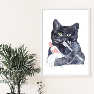 Schwarze Katze Zähne putzen Malerei Wand Poster Aquarell Kunst Dekor Druck Haustier Zeichnung Badezimmer Gig lustiges Bad Wanne Waschtisch Geschenk für sie