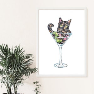 Gatto che beve martini Pittura Cucina Wall Poster Acquerello Arte Ristorante Decor Stampa Personalizzato Pet Disegno cocktail ritratto divertente vivaio