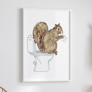 Squirrel toilet Painting Wall Poster Watercolor Art Decor Print Pet Drawing bathroom gig funny bath room tub bathtub washroom gift baby
