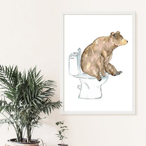 Bear toilet Painting Wall Poster Watercolor Art Decor Print Pet Drawing bathroom gig funny bath room tub bathtub washroom gift for her baby