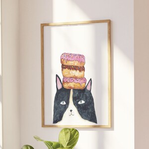 Cat tuxedo donut Painting Wall Poster Watercolor Art Decor Print Pet Drawing portrait gig funny room nursery black white food doughnut food