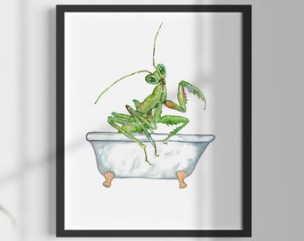 Praying mantis taking bath watercolor painting print art bathroom room washroom wall poster decor modern insect bug