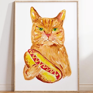 Hotdog cat Painting Kitchen Wall Poster Watercolor Art Restaurant Decor Print Custom Pet Drawing hot dog portrait gig funny  nursery