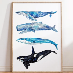 Set of 4 whale watercolor painting print art, animal, illustration, Sea art, sea life art, nautical, orca ocean art wall poster decor modern