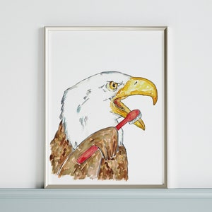 Weißkopfseeadler Zähneputzen Bad Aquarell Malerei Druck Kunst Badezimmer Zimmer Waschraum Zahnbürste Baby Tier Wild Wand Poster Dekor Vogel
