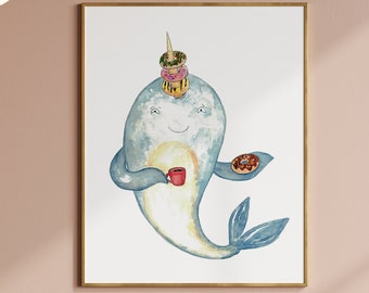 Narwhal whale with dohnut watercolor painting print art Sea life nautical ocean wall poster decor modern donut kitchen sweets junk food