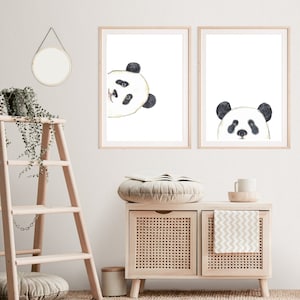 Set of 2 panda peeking Painting Wall Poster Watercolor Art decor Print Pet Drawing portrait gig funny room nursery baby gig bear