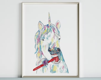Unicorn brushing teeth painting watercolour bathroom Wall Art room watercolor shower Illustration Print Nursery horse pony fantasy fairy